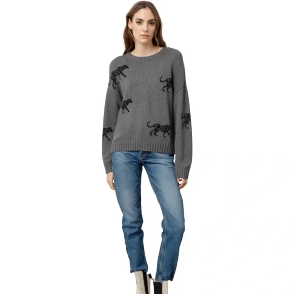 Rails Perci Jungle Cat Cotton Cashmere Gray Crewneck Knit Sweater Sz MEDIUM - Picture 2 of 15